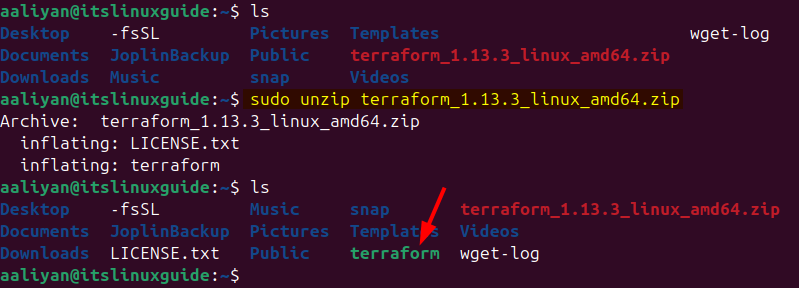 Extracting Terraform zip file on Ubuntu