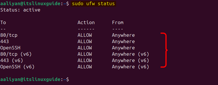 Verifying the rules added in Ubuntu firewall for GitLab 