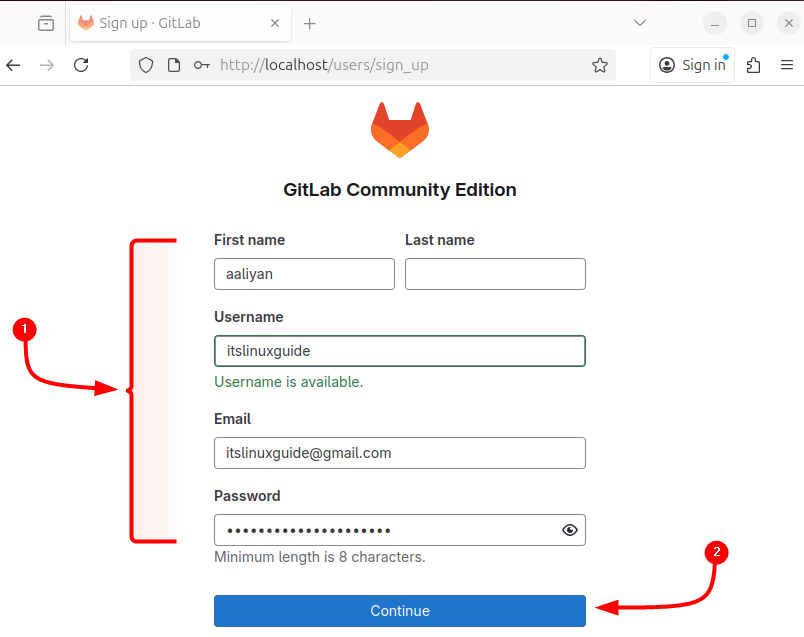 Registering new account on GitLab on ubuntu