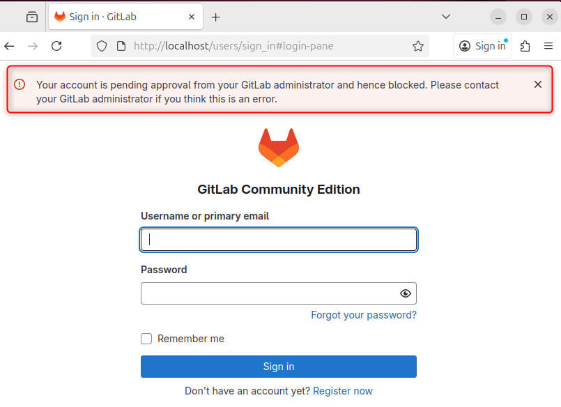 Pending admin approval error on GitLab signup