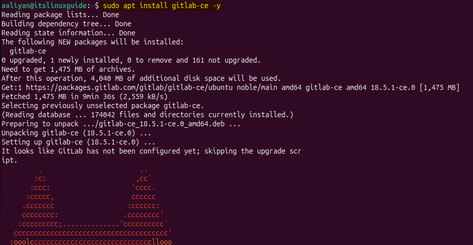 Installing GitLab community edition on Ubuntu via its bash file 