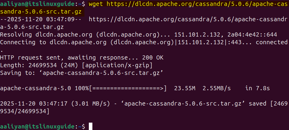 Downloading Cassandra tar / source file on Ubuntu