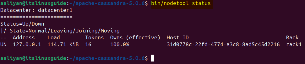 Verifying Cassandra installation by checking the node status on Ubuntu