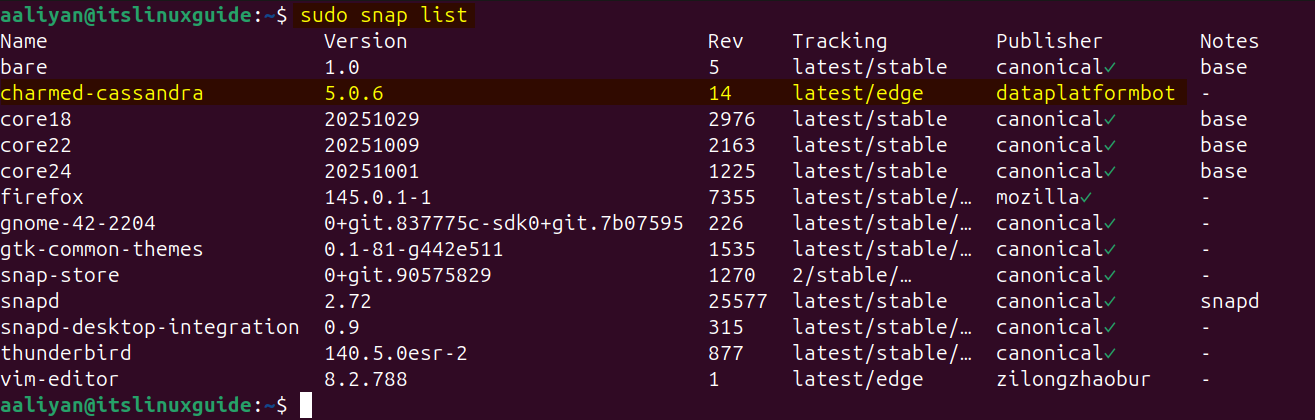 Listing Snap installed apps on Ubuntu to verify Cassandra installation