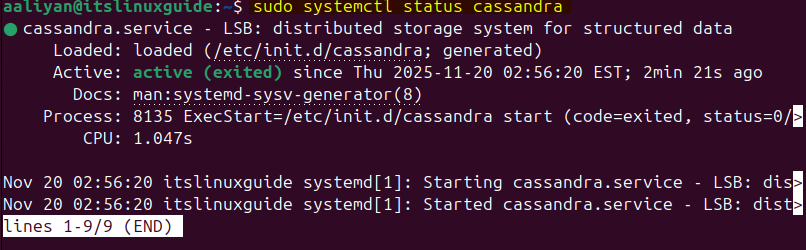 Checking Cassandra service status on Ubuntu