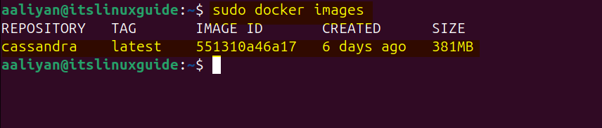 Listing Docker images to verify Cassandra installation via Docker